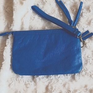 Deep Blue faux leather small wristlet with many pockets.